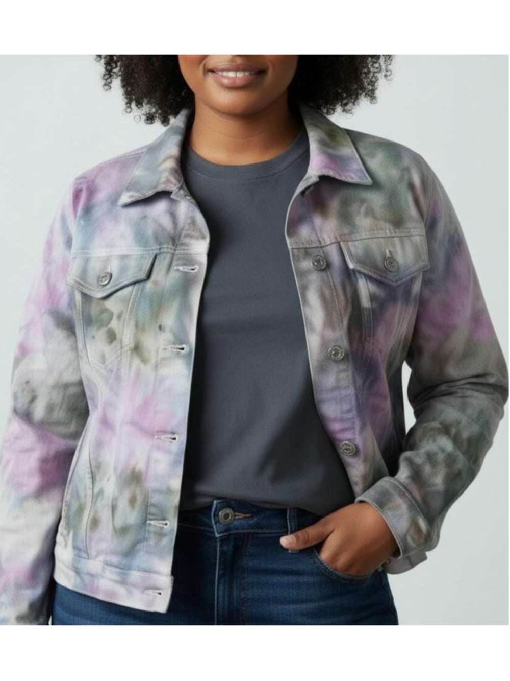 Medium Hand-Dyed Stretch Denim Jacket, Pastel Watercolor Tie Dye, Reclaimed Gap - Picture 2 of 5